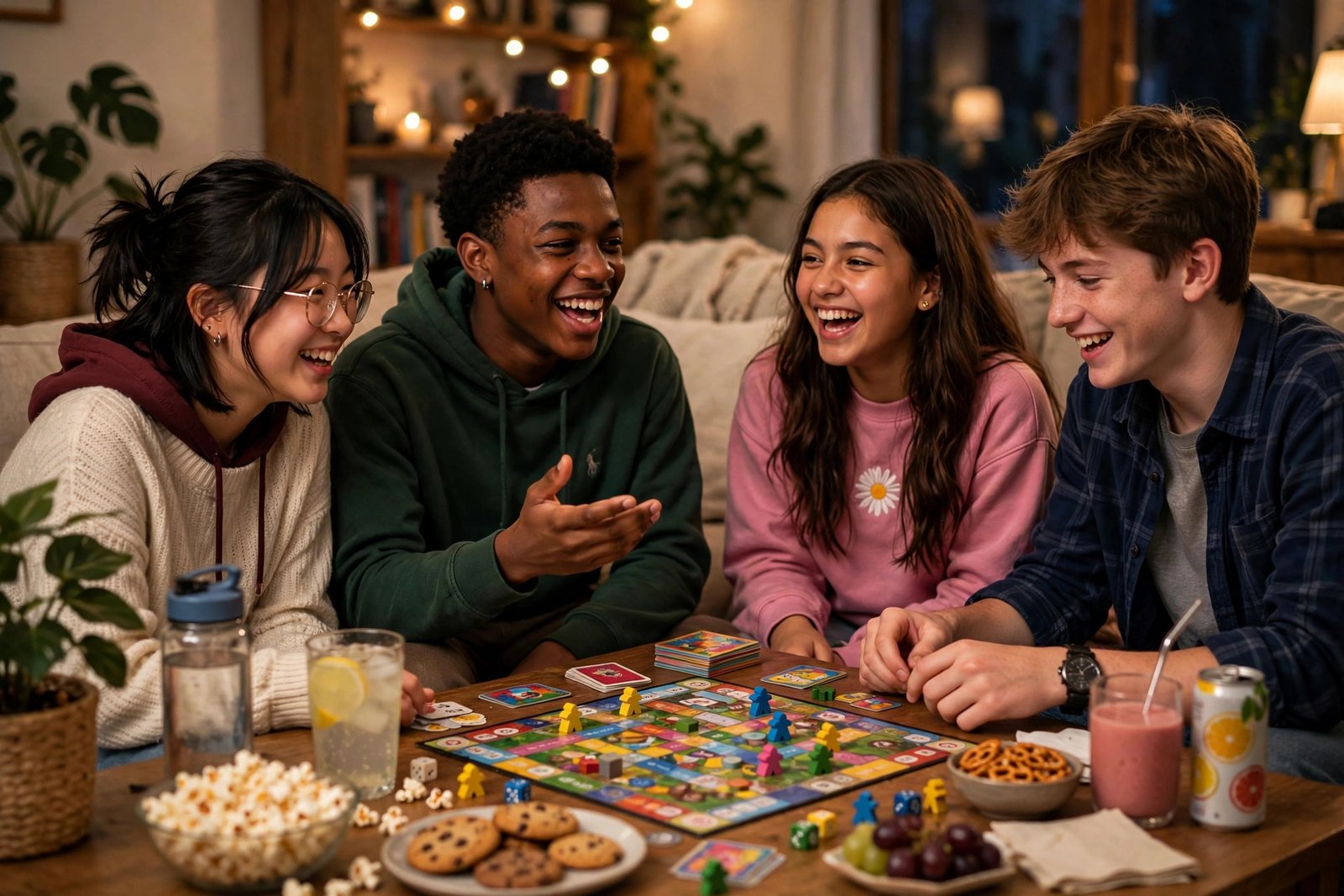 Group of teenagers laughing while playing a board game around a table