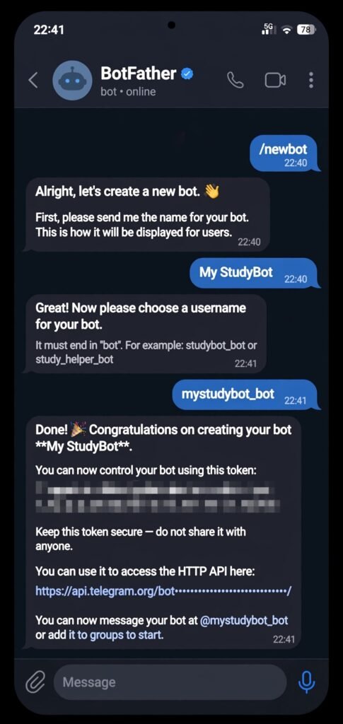 Telegram chat showing a BotFather conversation creating a new bot step by step