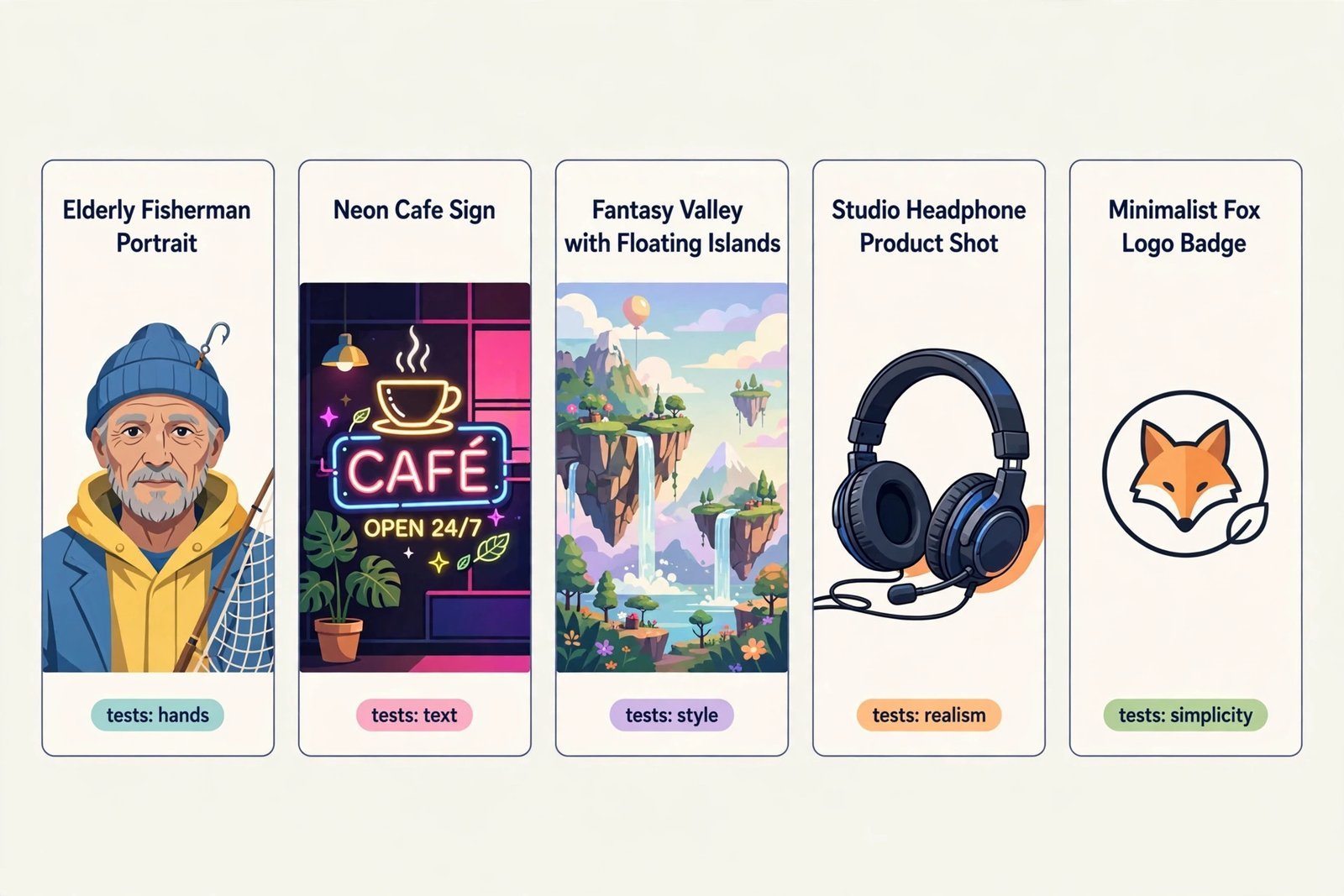 Diagram of the five test prompt cards: portrait with hands, neon sign with text, fantasy valley, product shot, and fox logo