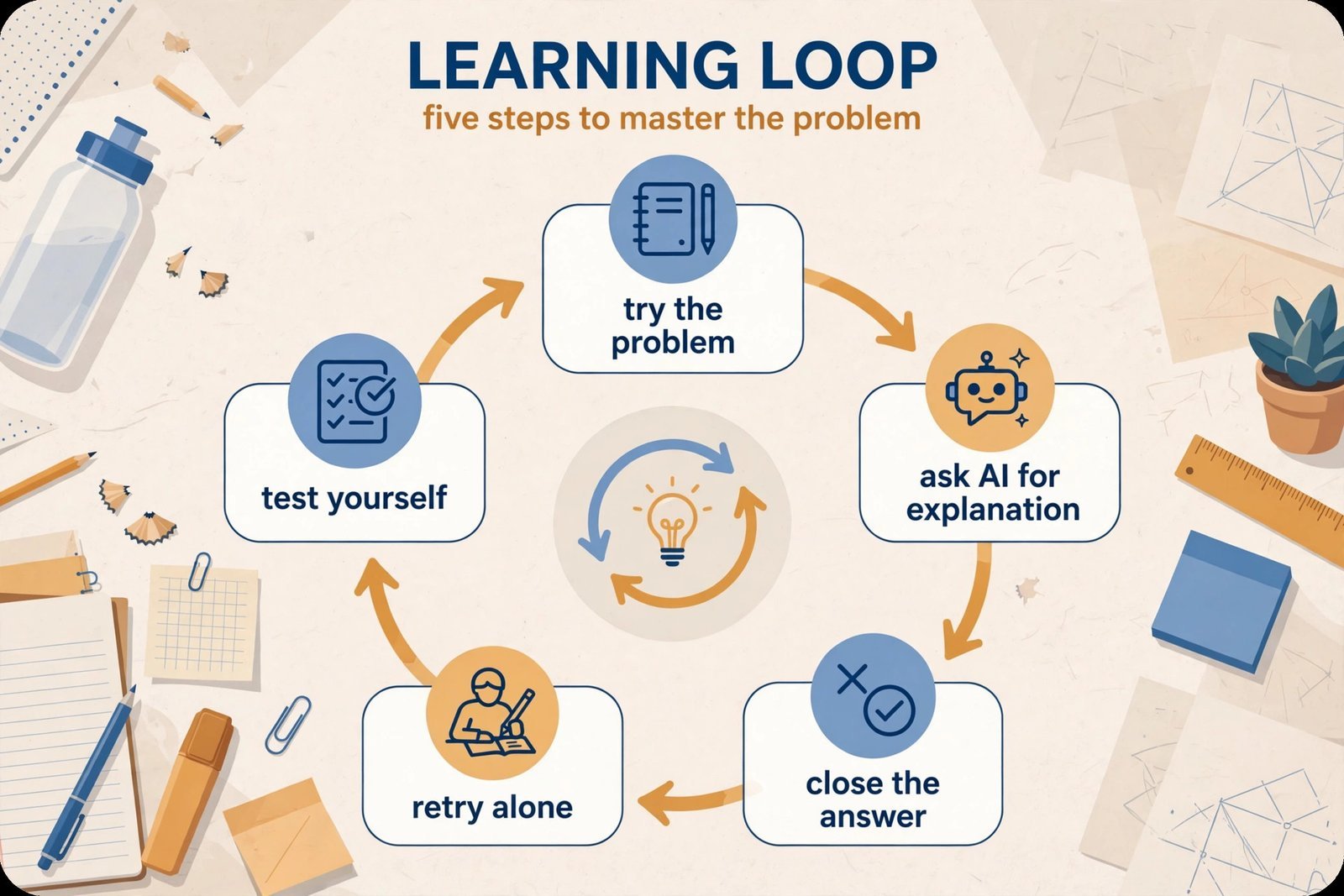 Workflow diagram showing the honest study loop: attempt the problem yourself, ask AI for explanation, close the answer, retry, then test yourself