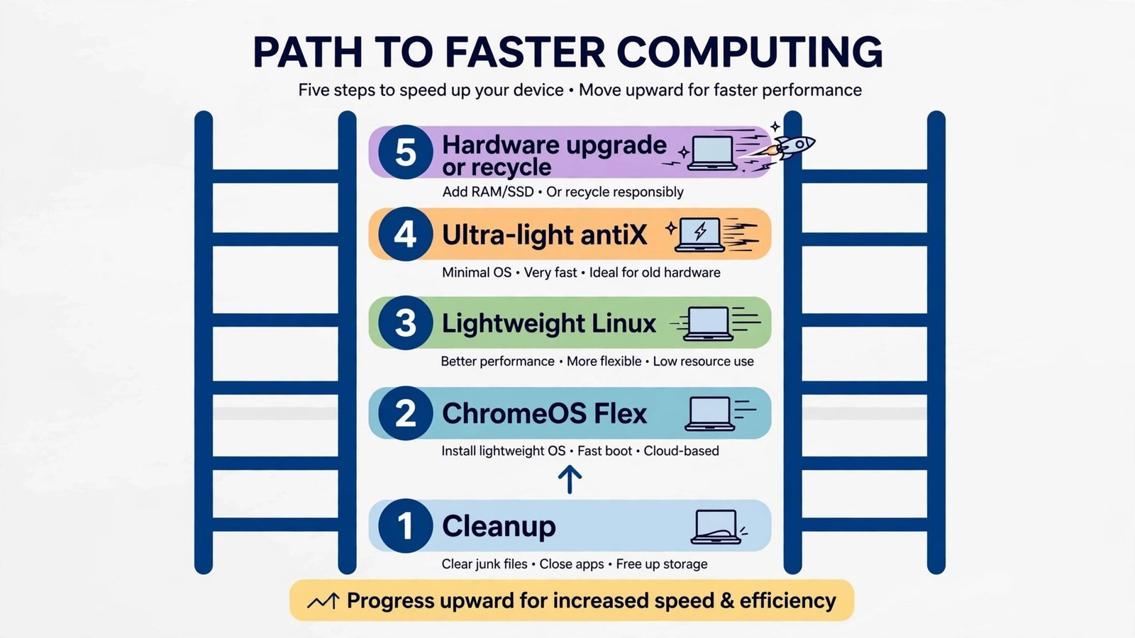 Five-rung revival ladder flowchart for bringing an old laptop back to life
