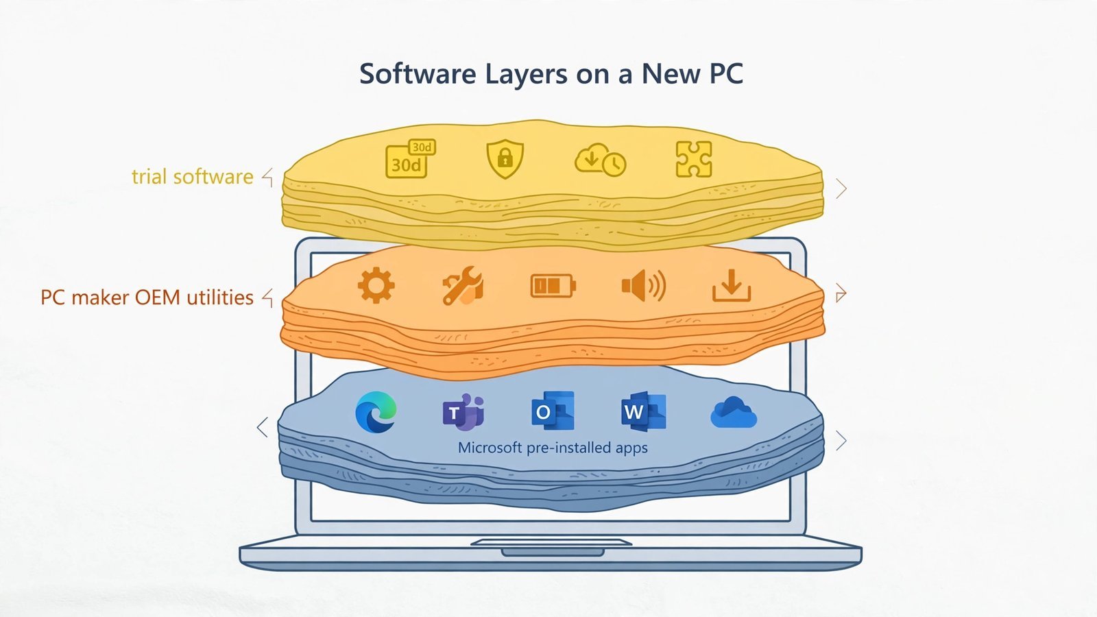 Layered diagram showing the three layers of Windows 11 bloatware: Microsoft apps, OEM apps, and trial software