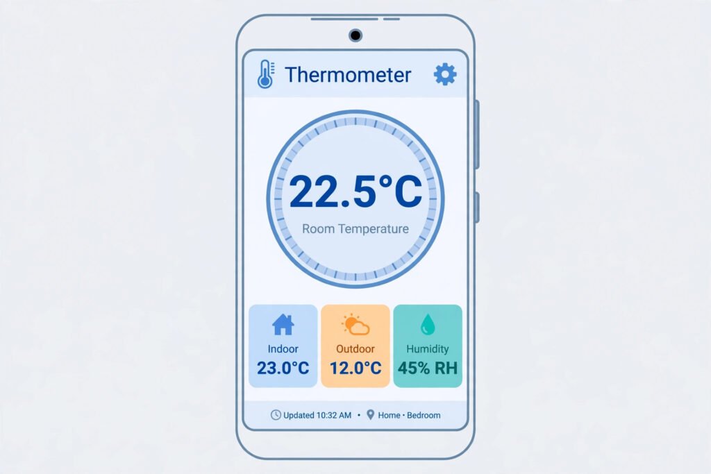 Android phone showing a thermometer app with a room temperature dial, indoor and outdoor temperature cards and a humidity badge