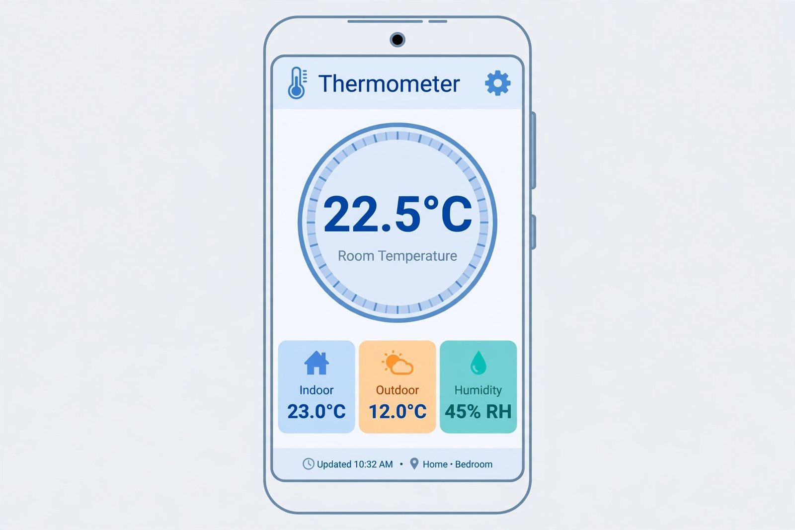 Android phone showing a thermometer app with a room temperature dial, indoor and outdoor temperature cards and a humidity badge