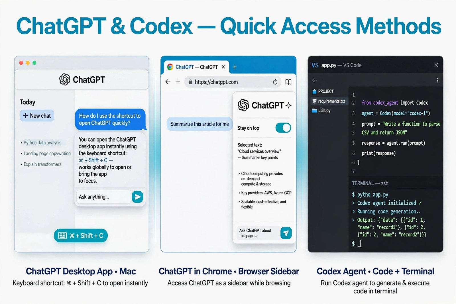 Side-by-side illustration of the three Atlas replacements: the ChatGPT desktop app, the ChatGPT Chrome extension, and Codex