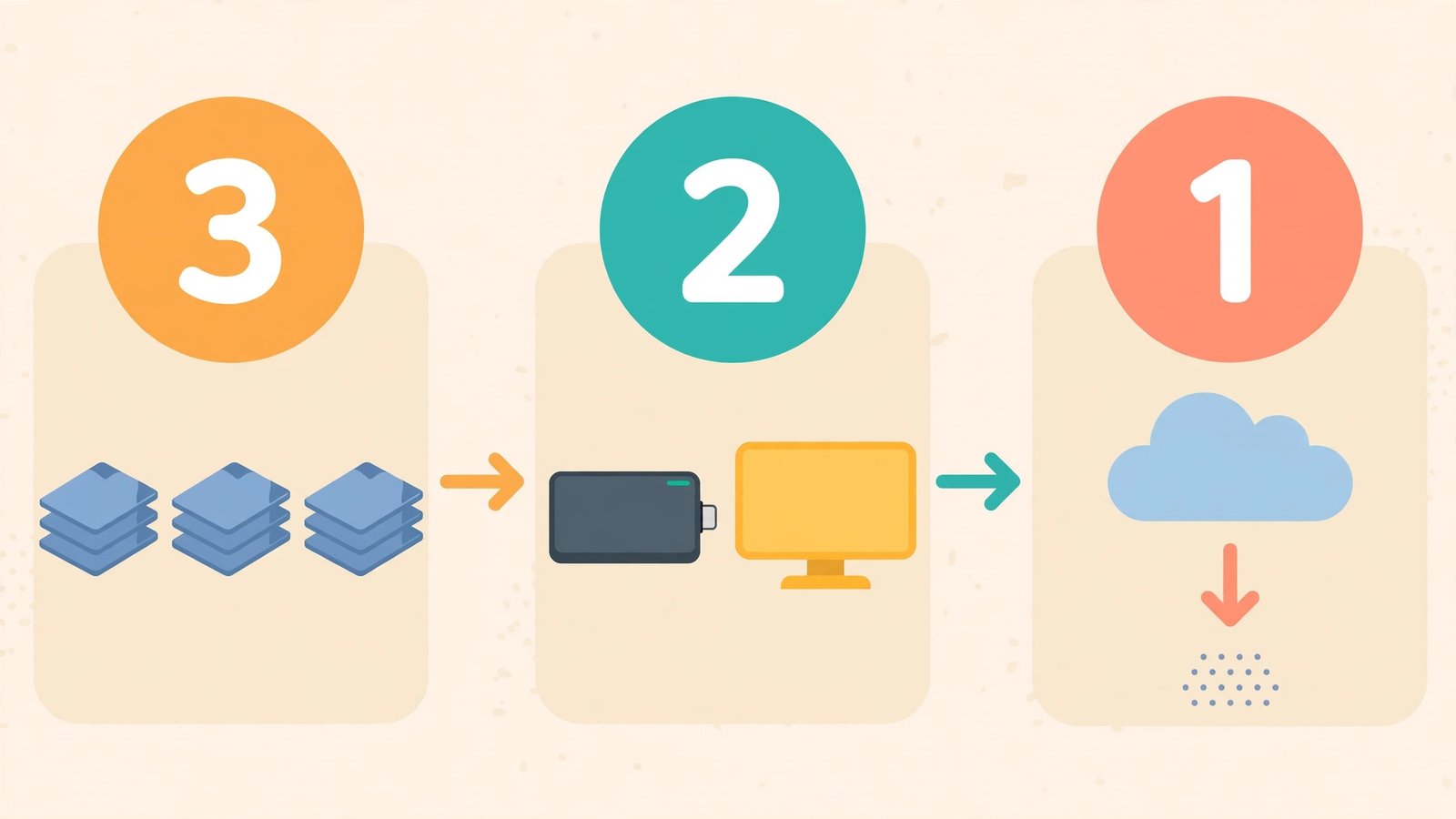 Diagram explaining the 3-2-1 backup rule with three copies, two storage types and one offsite copy