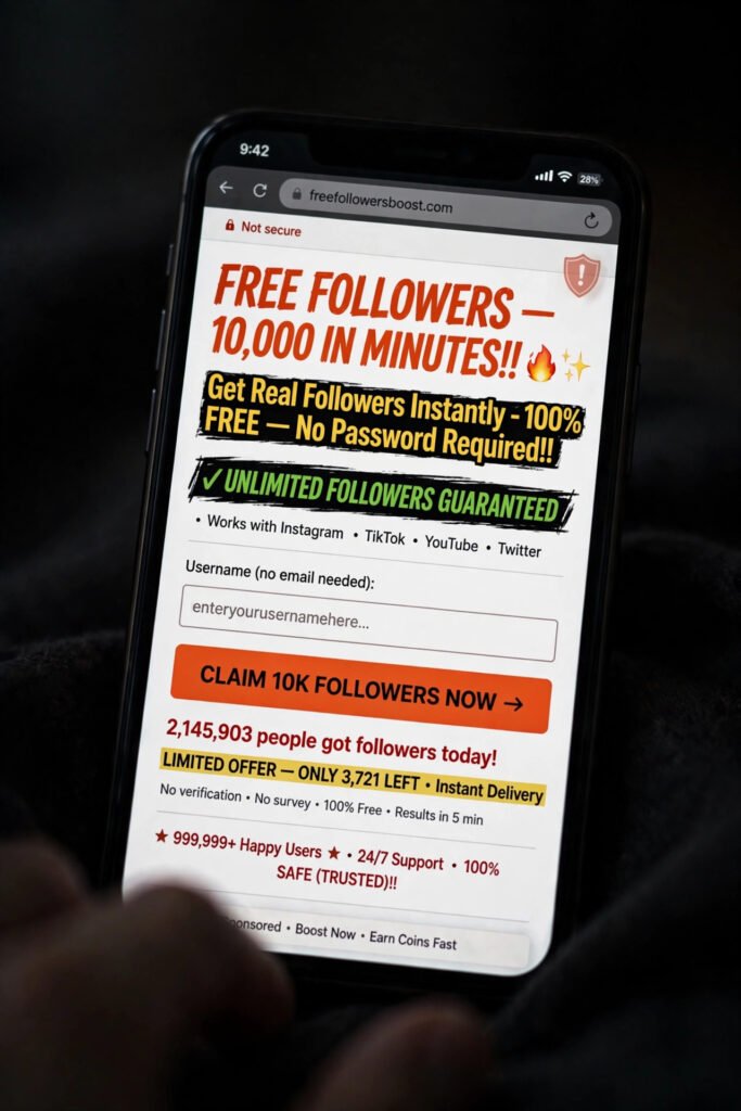 Smartphone showing a suspicious free followers website with a warning overlay