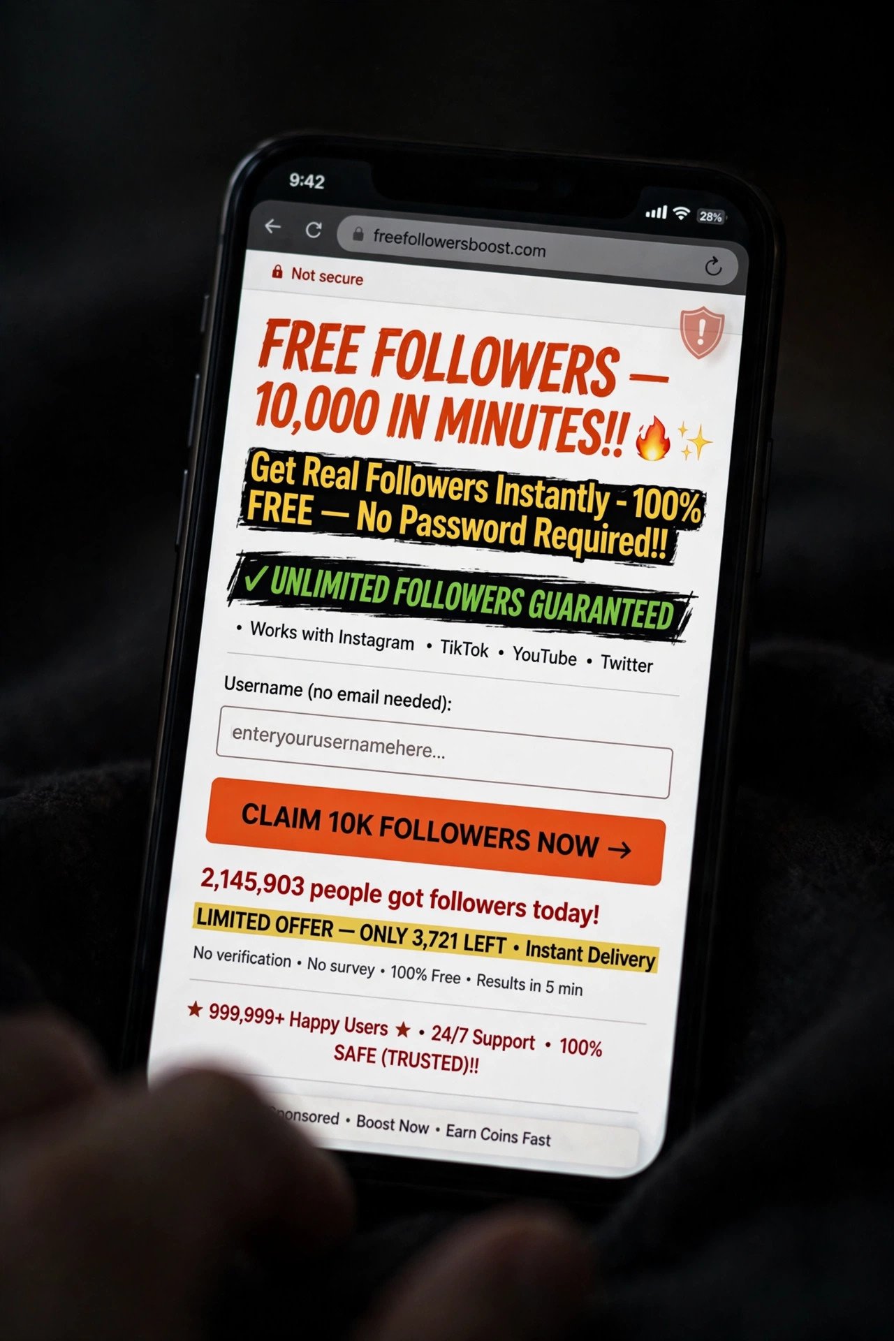 Smartphone showing a suspicious free followers website with a warning overlay