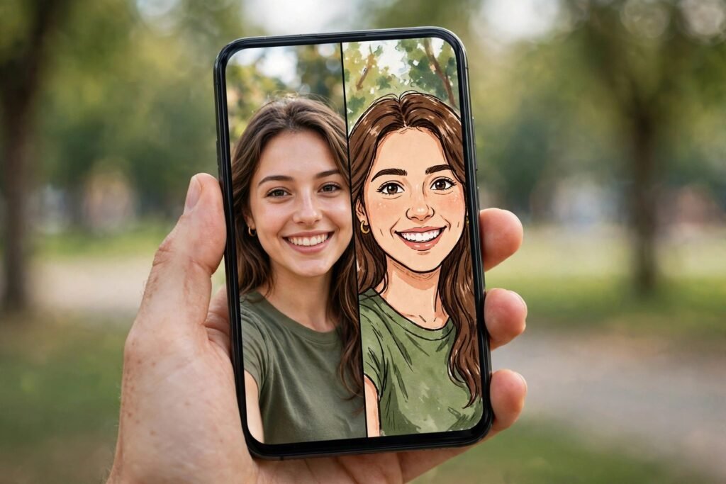 Smartphone showing a cartoon portrait version of a selfie next to the original photo