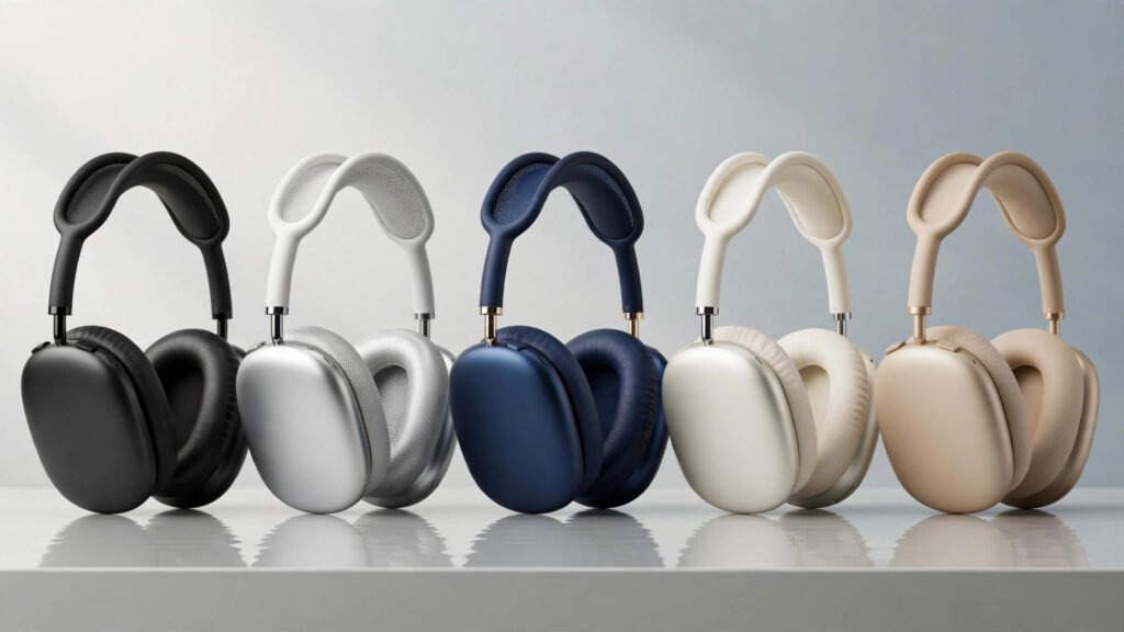 Lineup of premium over-ear noise-cancelling headphones in different colors standing side by side in a studio comparison layout