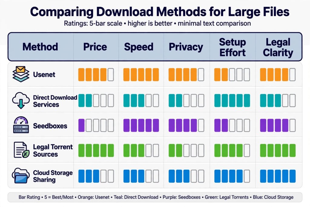 Infographic comparing six torrent alternatives across price, speed, privacy, setup effort, and legal risk