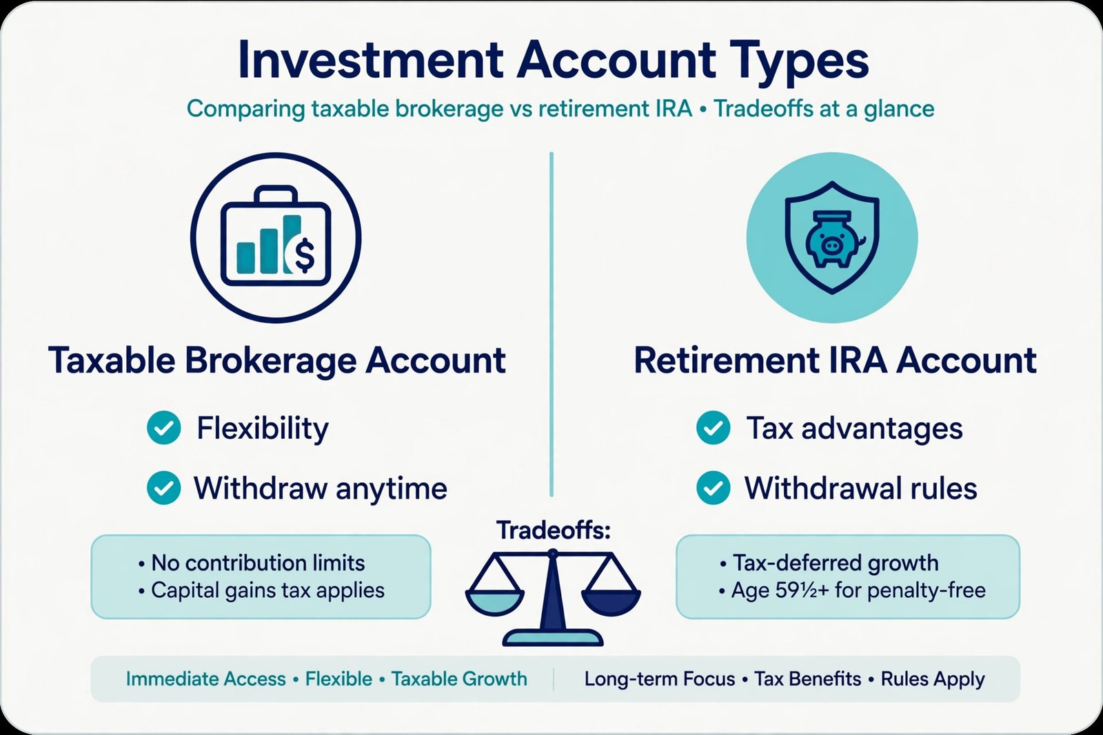 Diagram explaining the difference between taxable brokerage accounts and retirement accounts like IRAs for beginner investors