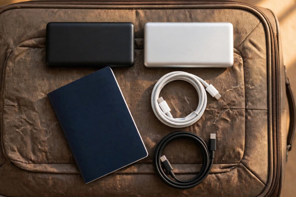 Power banks, passport, and cables arranged on a suitcase