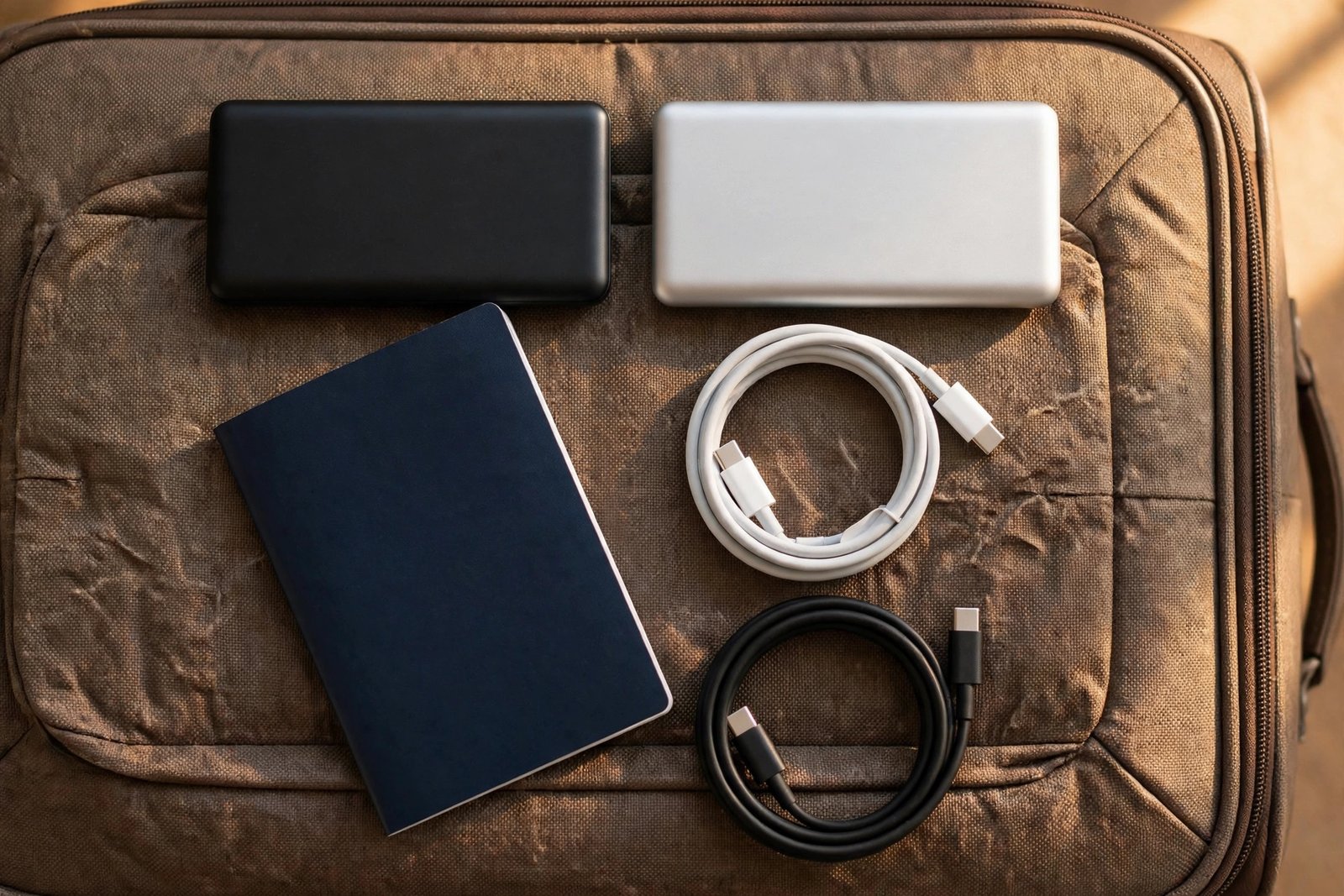 Power banks, passport, and cables arranged on a suitcase