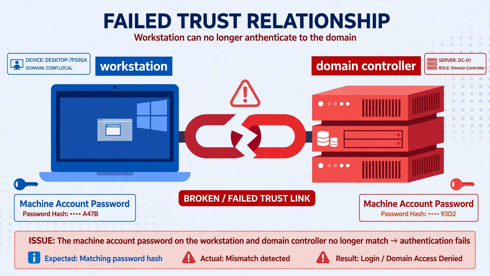 Diagram of the trust relationship between a Windows workstation and a domain controller showing the broken secure channel and machine account password