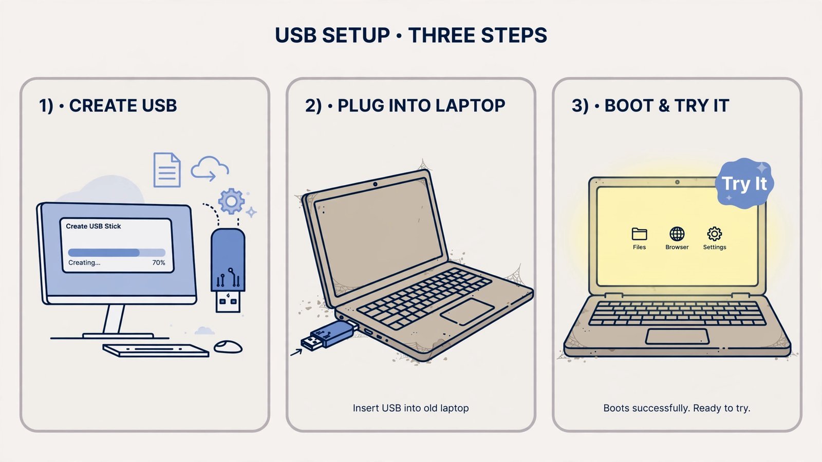Diagram of creating a ChromeOS Flex USB installer and test-booting from it