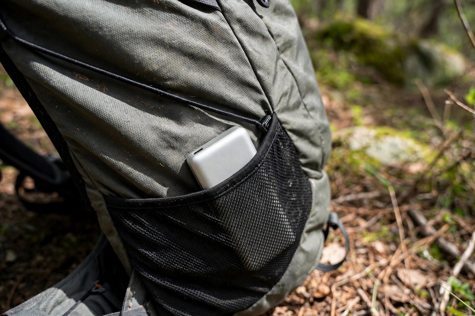 Ultralight power bank in the side pocket of a hiking backpack