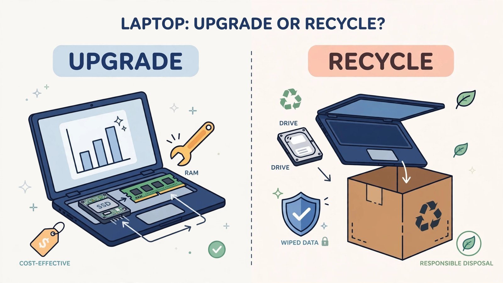 Decision diagram: SSD and RAM upgrade vs responsible recycling for a dead laptop