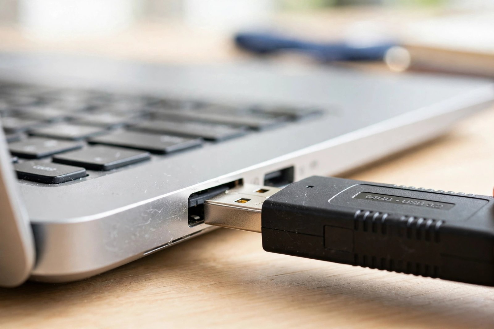 Close-up of a USB flash drive being plugged into the side port of a laptop
