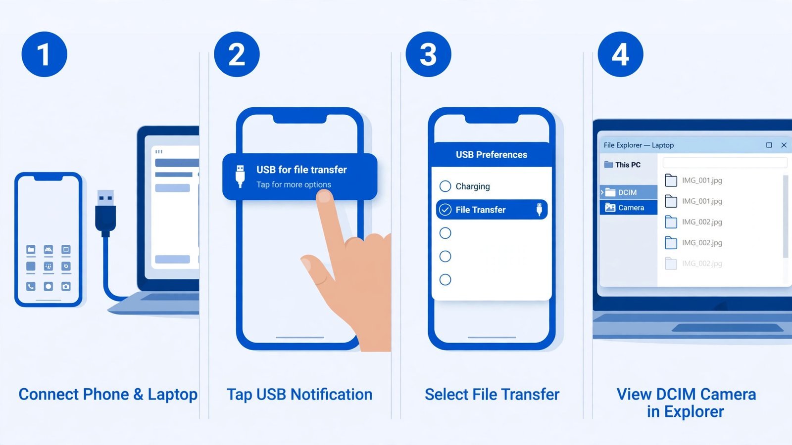 Diagram of the USB file transfer flow on Android: connect cable, tap the USB notification, select File Transfer, then open the DCIM Camera folder in File Explorer