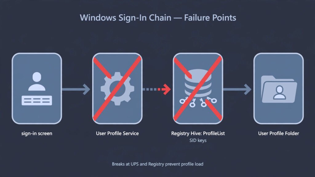 Diagram of the Windows sign-in chain: sign-in screen, User Profile Service, ProfileList registry, and profile folder, with the two points where loading breaks marked