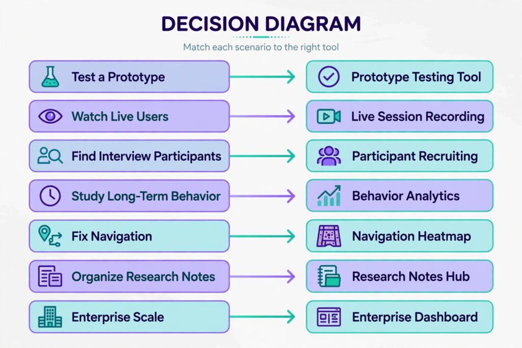 Diagram mapping seven research scenarios to matching UX research tools like Maze, Hotjar, and Dovetail