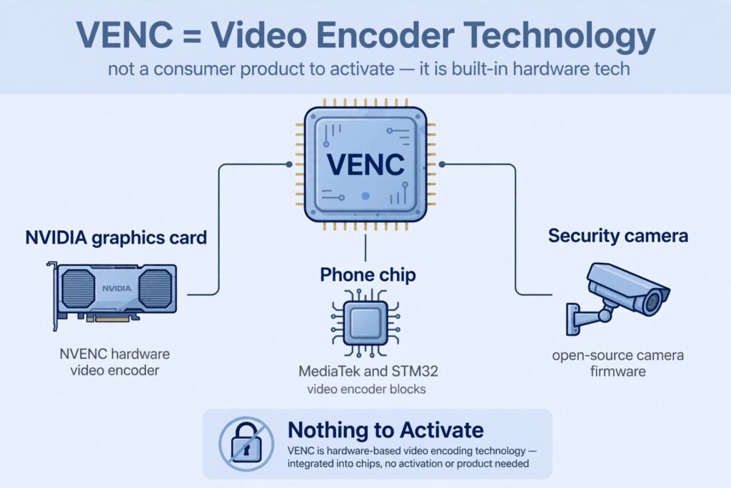 Diagram showing VENC as video encoder technology: NVIDIA NVENC on graphics cards, MediaTek and STM32 encoder blocks in chips, and open-source camera firmware, with a crossed-out padlock marked nothing to activate