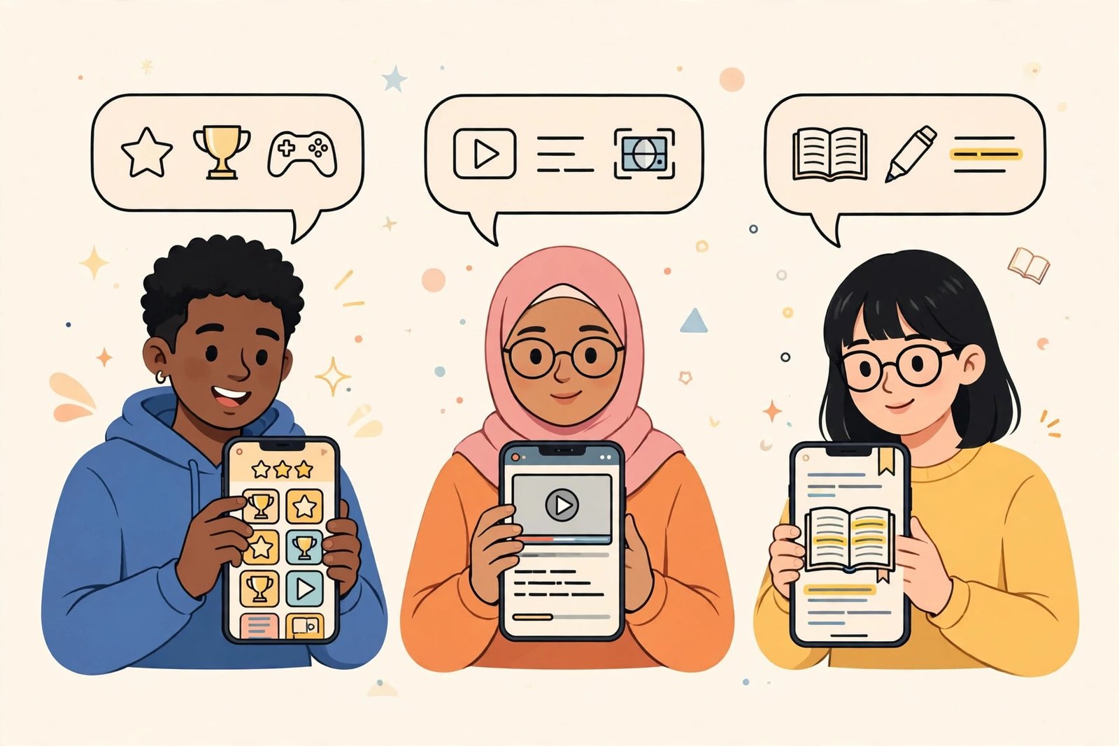 Three people learning vocabulary in different ways: gaming, watching video lessons, and reading