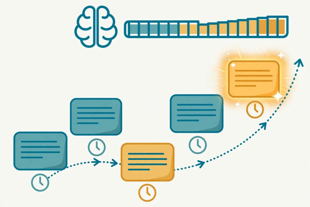Flashcards arranged along a review timeline showing spaced repetition intervals, with a memory growth icon