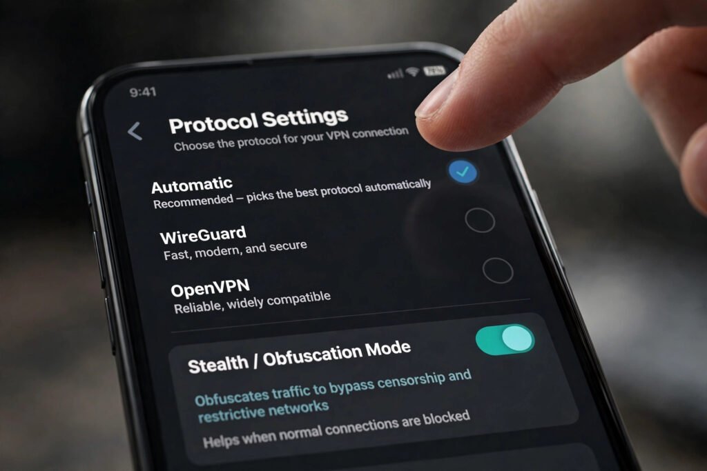 VPN app settings screen showing protocol options including an obfuscated stealth mode
