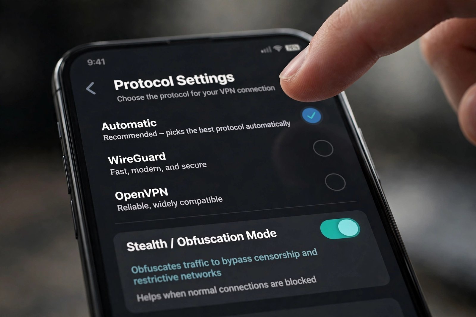 VPN app settings screen showing protocol options including an obfuscated stealth mode