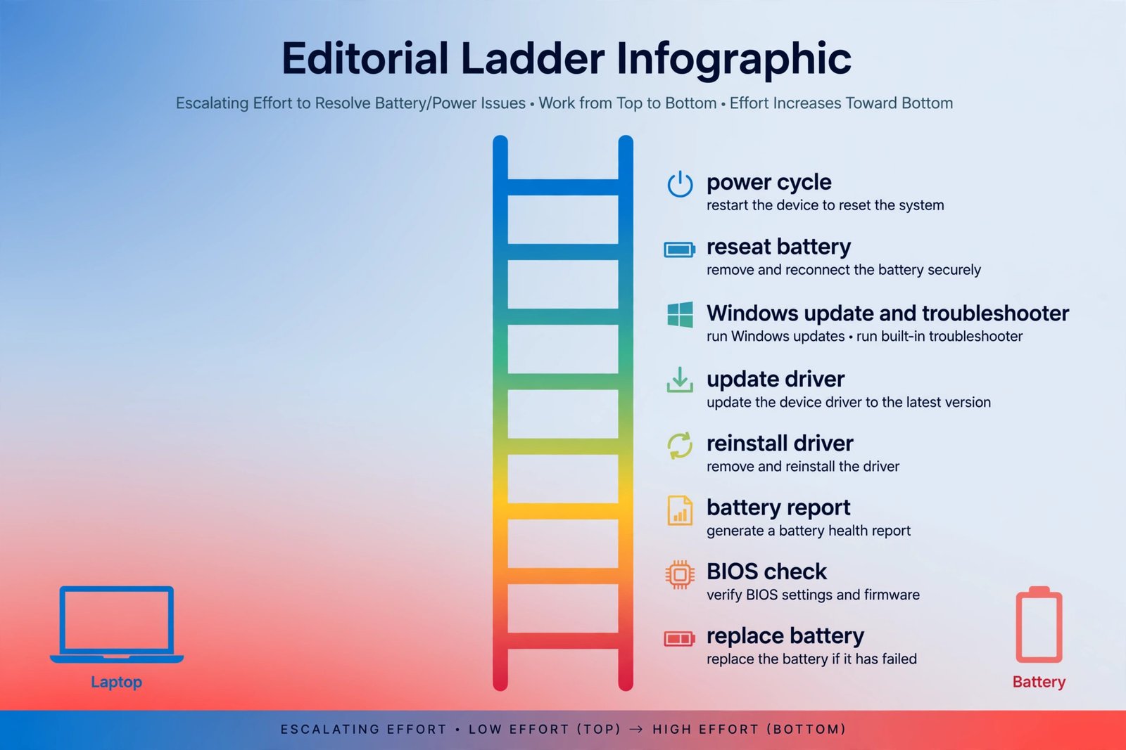 Vertical ladder diagram of eight fixes for the no battery detected error, ordered from the easy power cycle at the top to battery replacement at the bottom