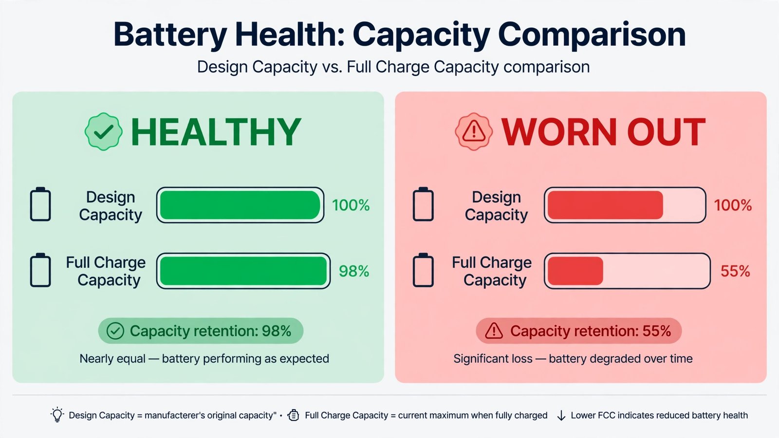 Infographic showing how to read a Windows battery report: design capacity versus full charge capacity bars with healthy and worn-out examples