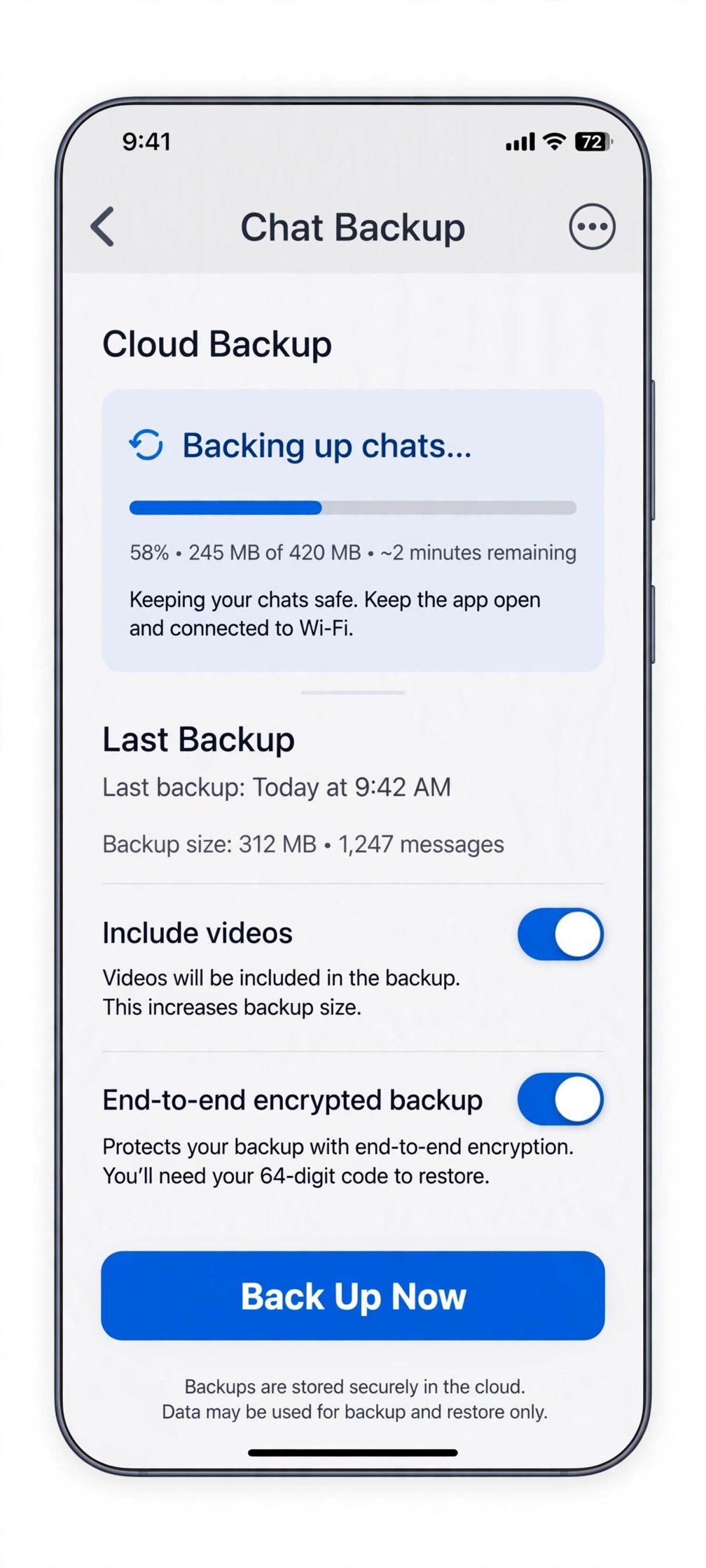Phone screen showing WhatsApp chat backup settings with a backup in progress