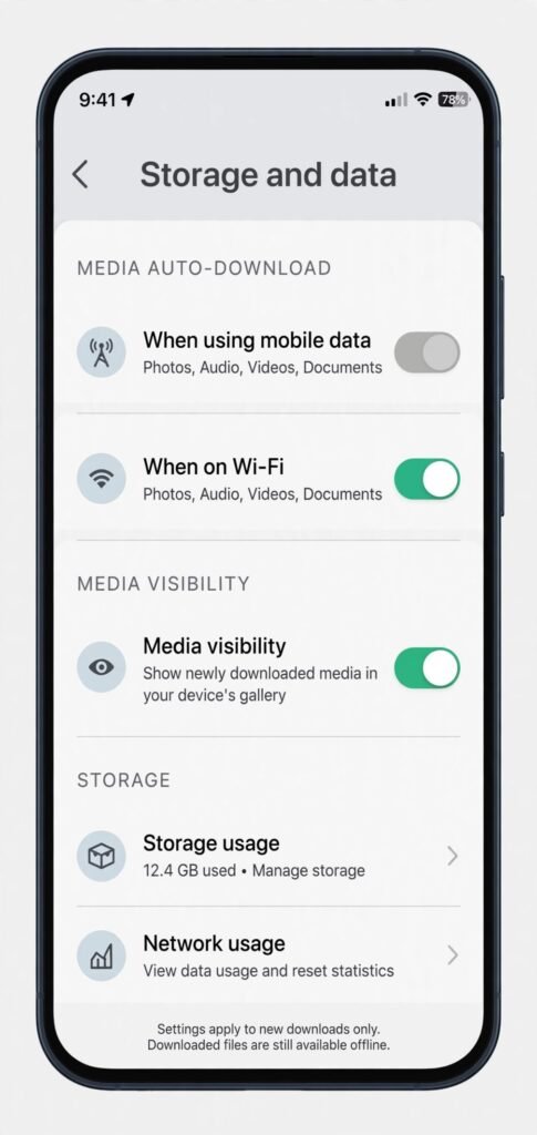 Phone screen showing WhatsApp storage and data settings with media auto-download options