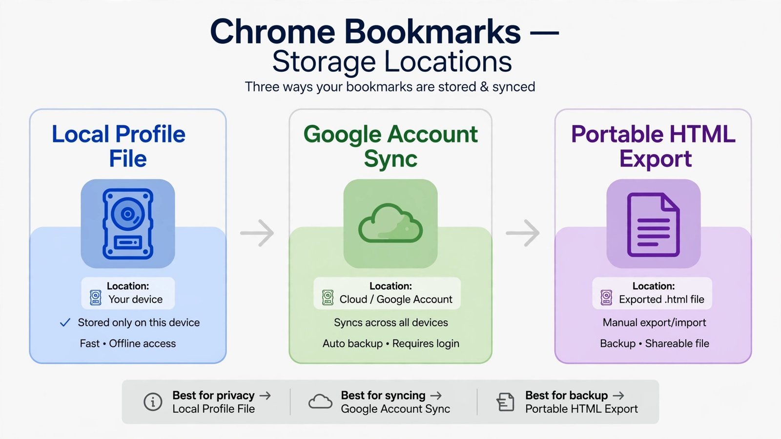 Diagram showing the three places Chrome bookmarks live: local profile file, Google account sync, and portable HTML export