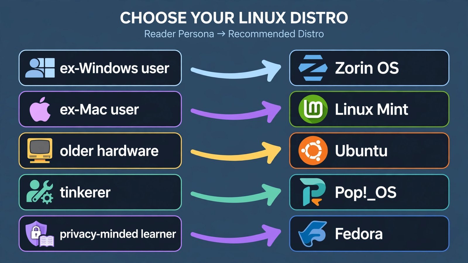 Flowchart matching five reader personas to five beginner Linux distros