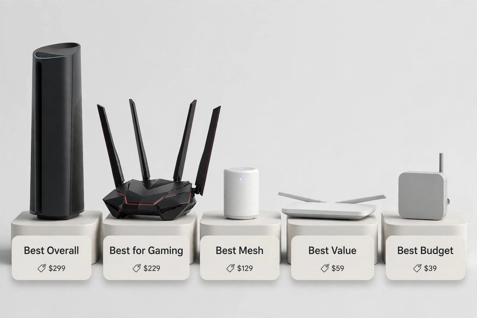 Comparison visual of the top Wi-Fi 7 router picks grouped by use case: best overall, gaming, mesh, value, and budget