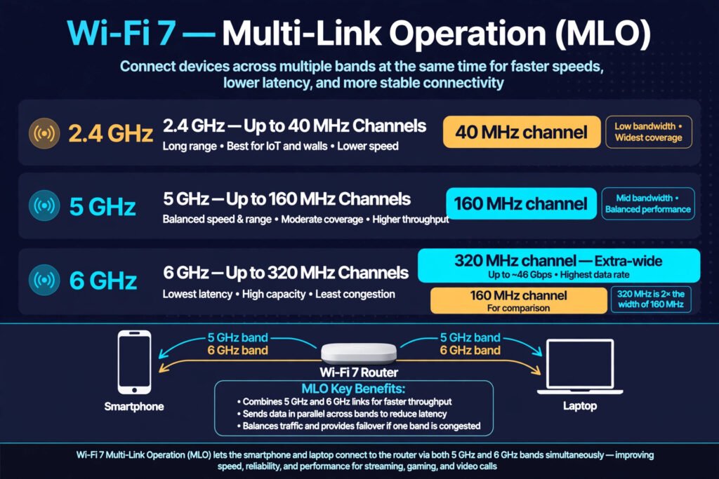 Wi-Fi 7 technology explainer diagram showing 320 MHz channels and Multi-Link Operation across 2.4 GHz, 5 GHz, and 6 GHz bands