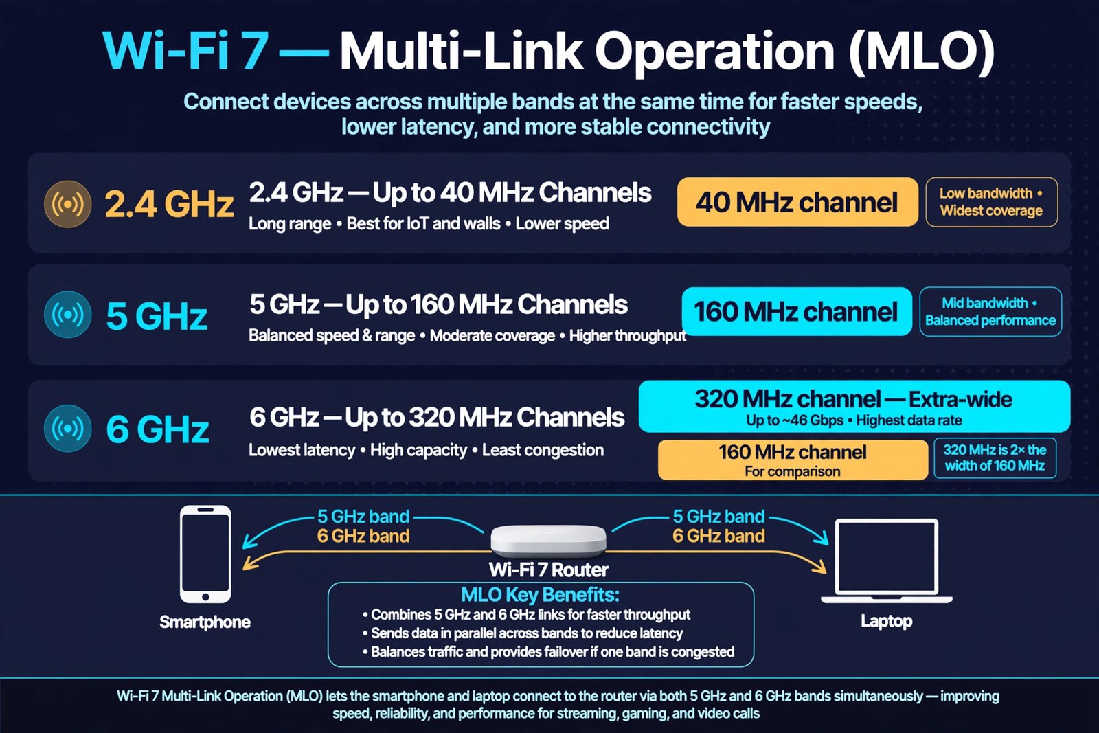 Wi-Fi 7 technology explainer diagram showing 320 MHz channels and Multi-Link Operation across 2.4 GHz, 5 GHz, and 6 GHz bands