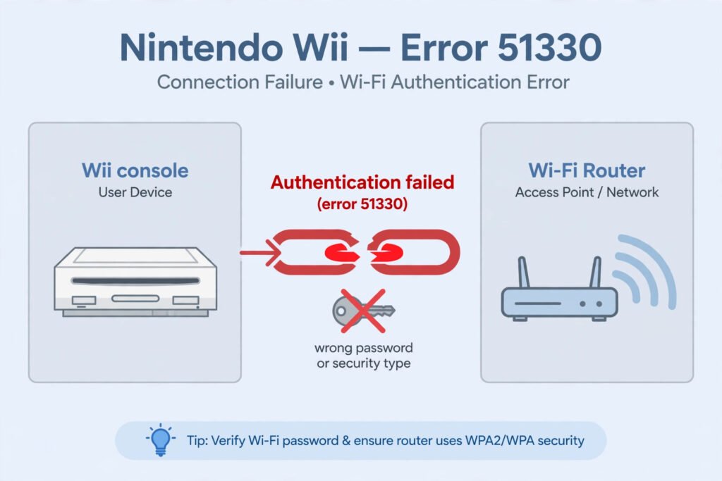 Diagram showing the Wii console failing the Wi-Fi authentication handshake with a router, which causes error 51330
