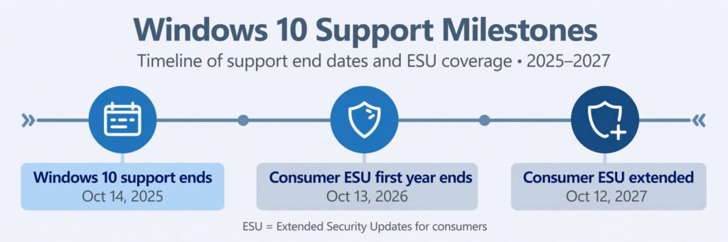 Timeline diagram showing Windows 10 support ending October 14 2025, consumer ESU year one ending October 13 2026, and the extension through October 12 2027