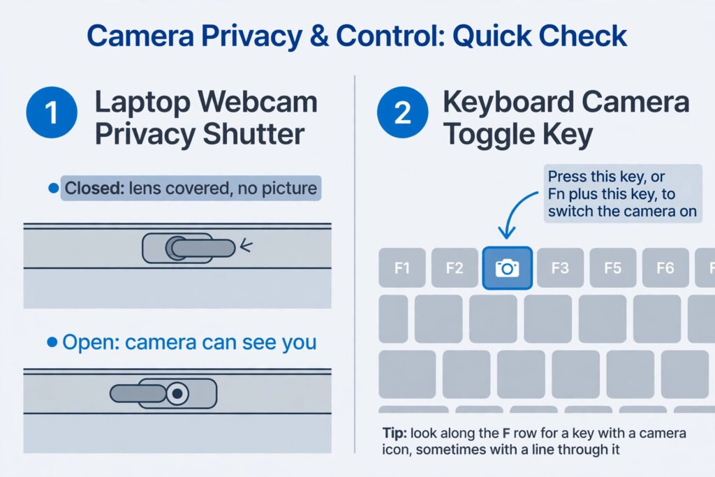 Diagram of the privacy shutter slider open and closed, and the keyboard camera function key to press with or without Fn