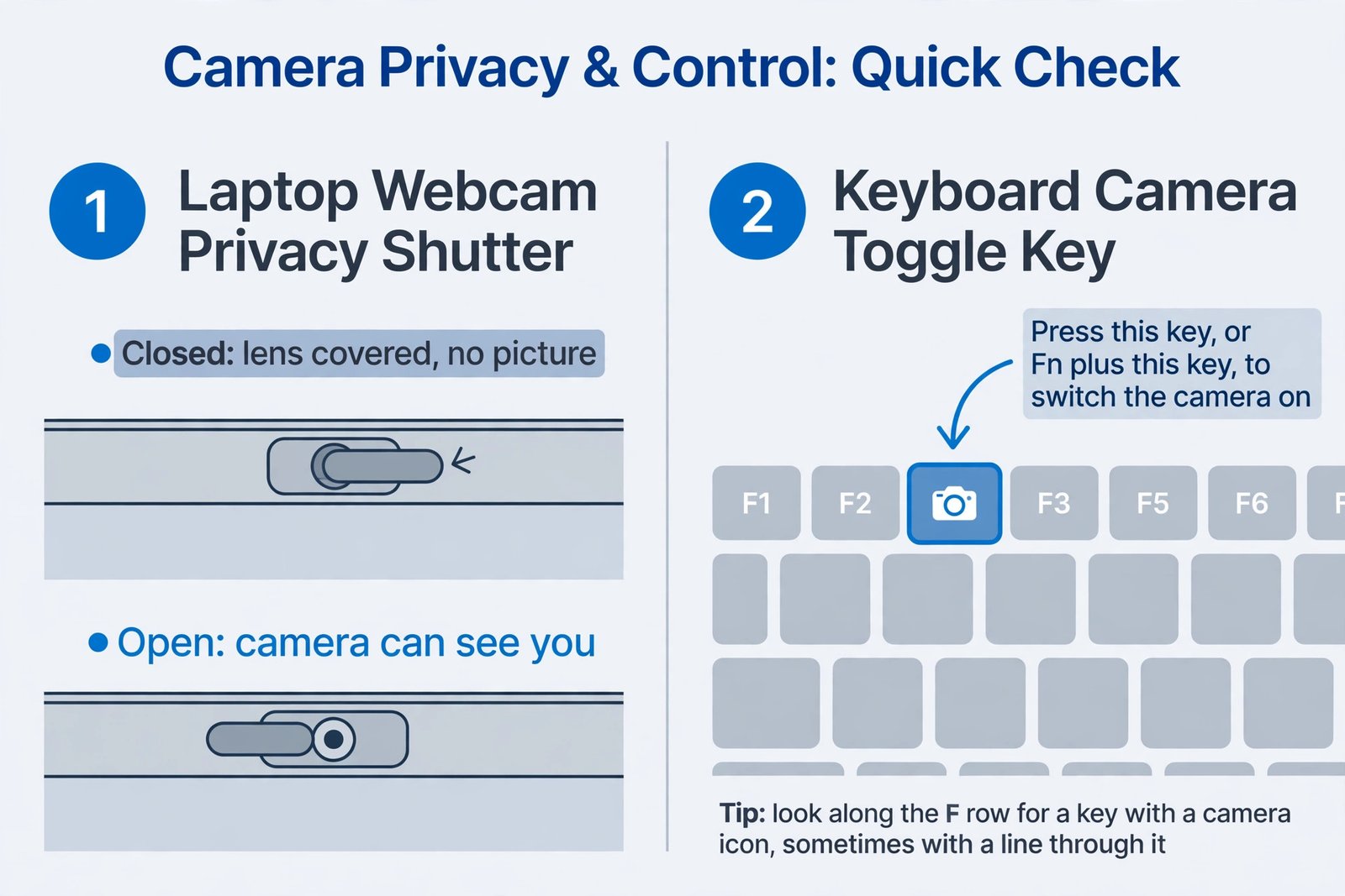Diagram of the privacy shutter slider open and closed, and the keyboard camera function key to press with or without Fn
