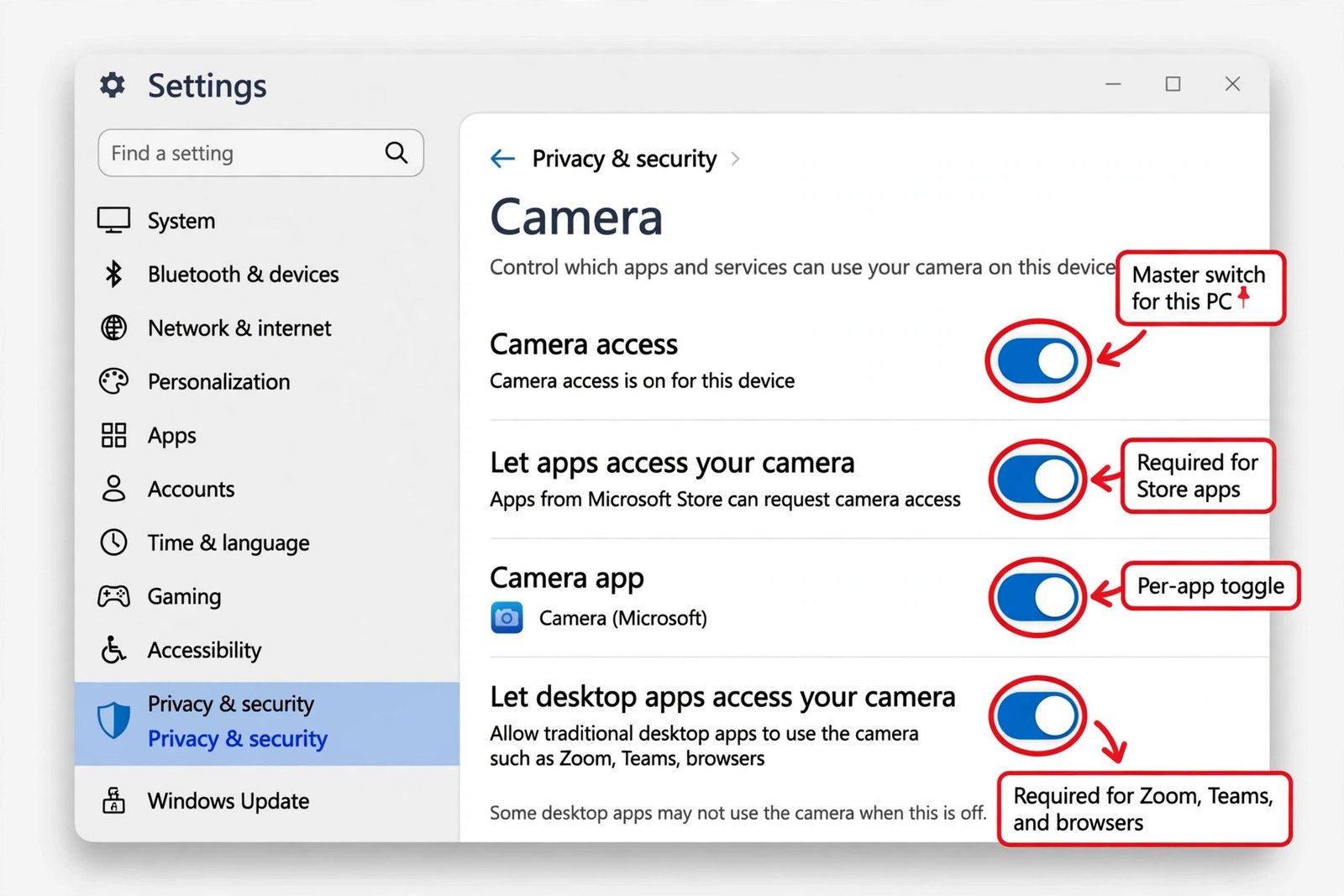 The Windows 11 Settings Camera privacy page with the Camera access, Let apps access your camera, per-app, and Let desktop apps access your camera toggles annotated