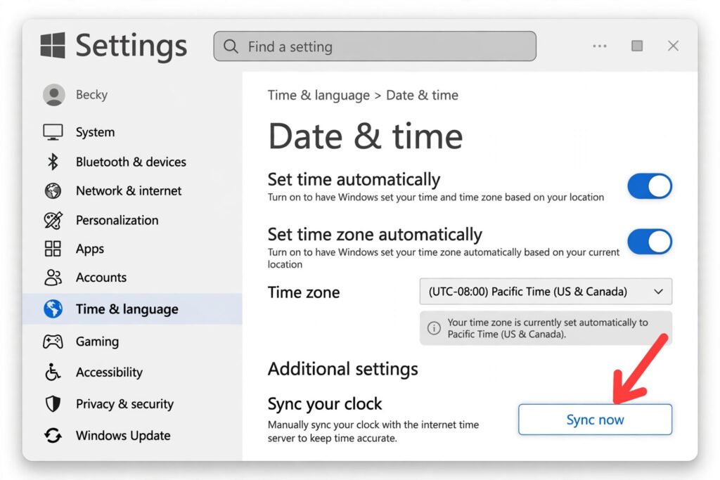 Windows 11 Settings page Time and language Date and time with the time zone dropdown and the Sync now button under Additional settings annotated