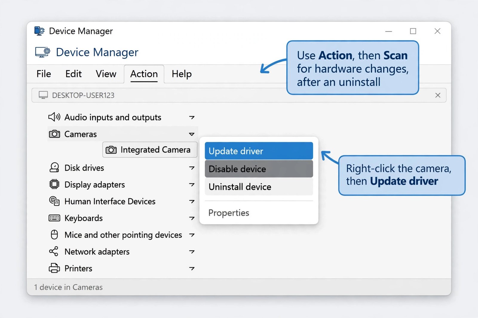 Device Manager with Cameras expanded and the camera right-click menu showing Update driver highlighted