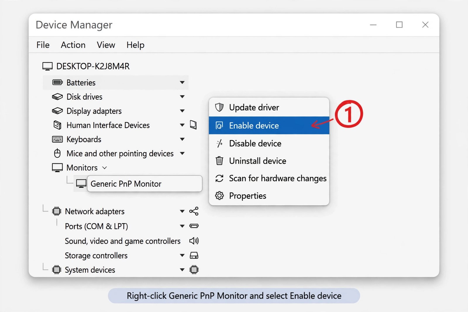 Device Manager with the Monitors node expanded, showing the right-click menu on Generic PnP Monitor with Enable device highlighted