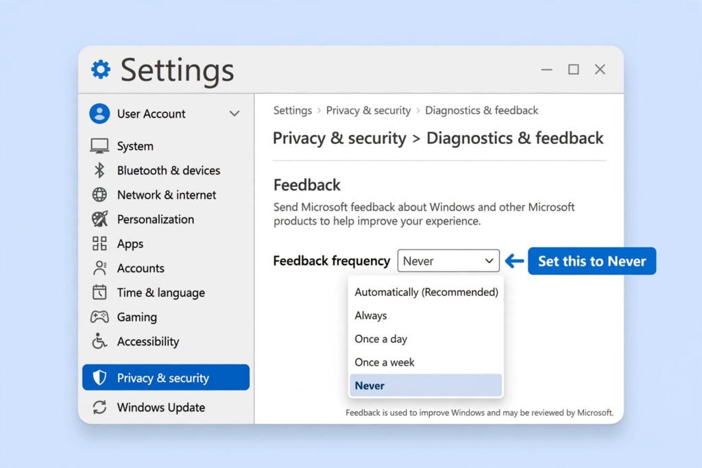 Diagram of the Feedback frequency dropdown in Windows 11 Settings, open and set to Never