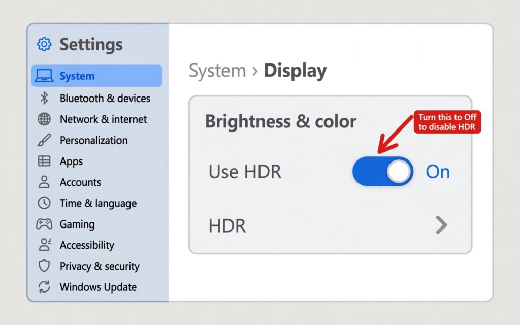 Diagram of the Windows 11 Settings Display page showing the Use HDR toggle under Brightness and color